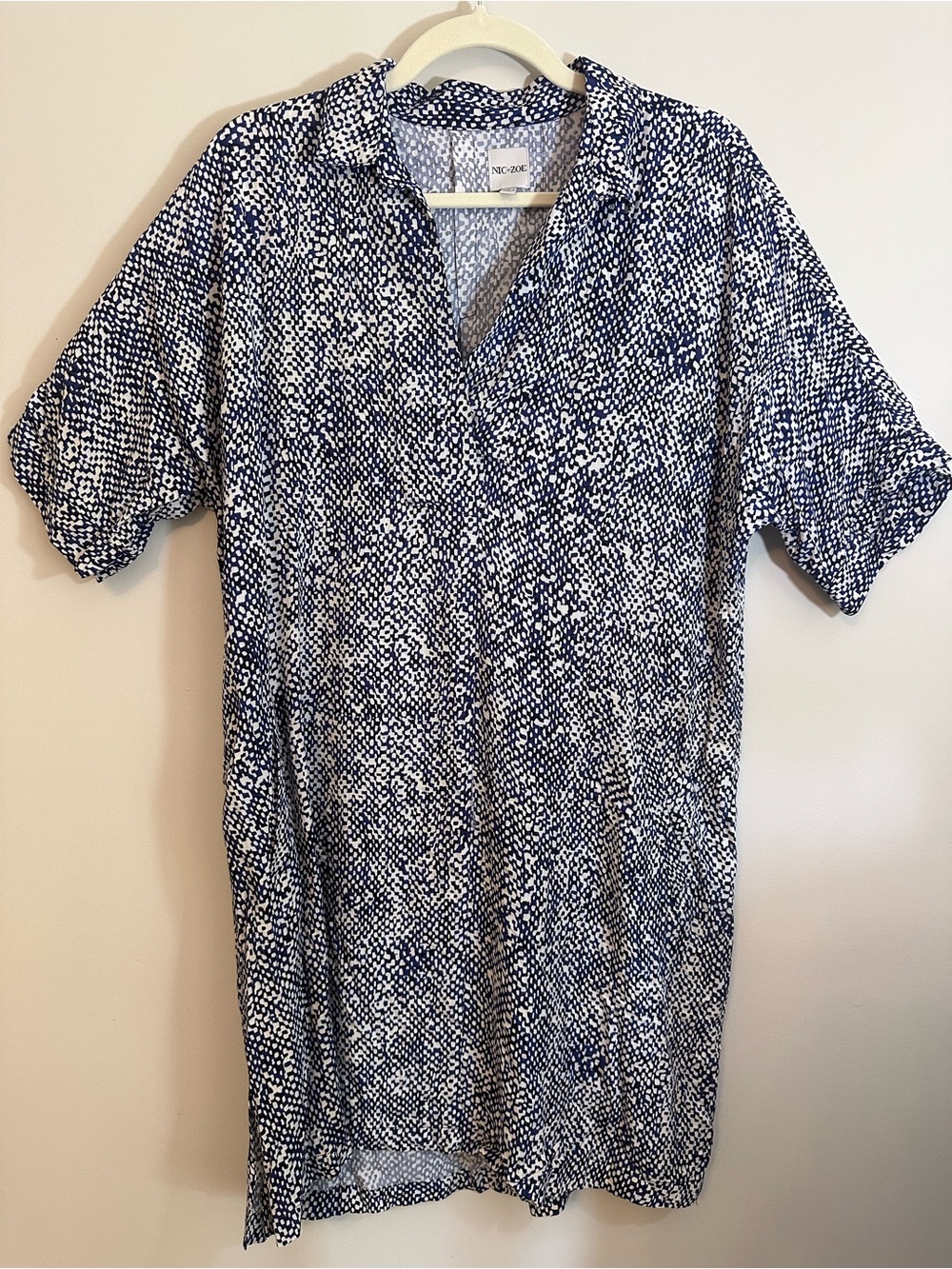 NIC+ZOE Navy & White Printed Short Sleeve Tunic Dress with Pockets Size L